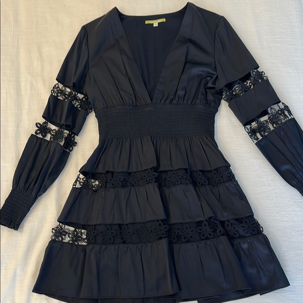 Navy Lace-Trim Tiered Mini Dress - Women's